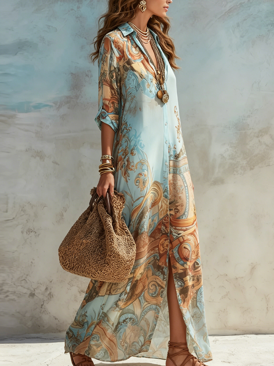 Isabela | Vestido maxi de gasa azul barroco floral