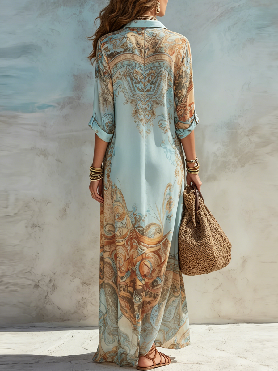 Isabela | Vestido maxi de gasa azul barroco floral