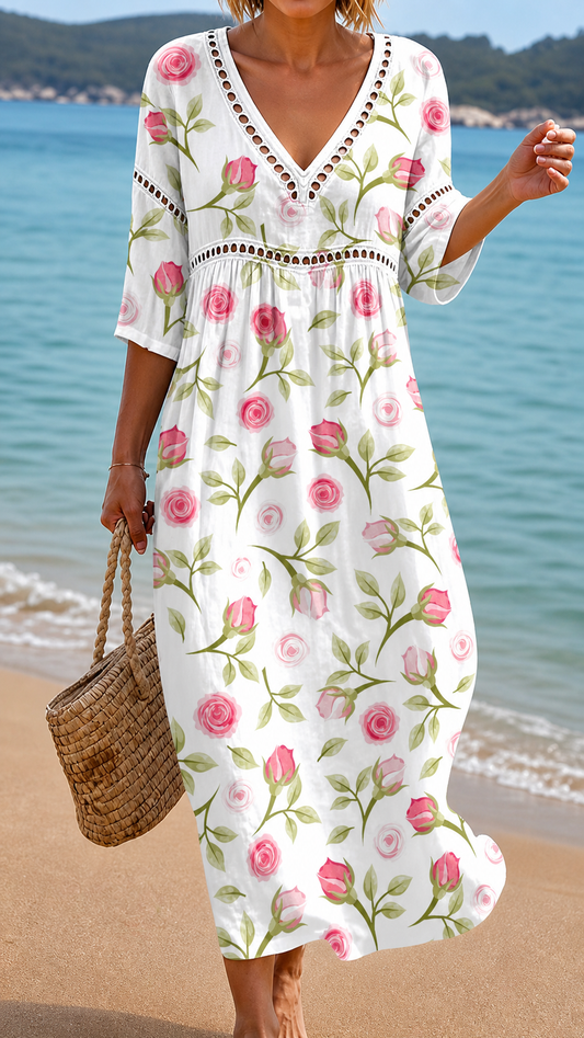 Soft Summer Midi Dress with Rose Print
