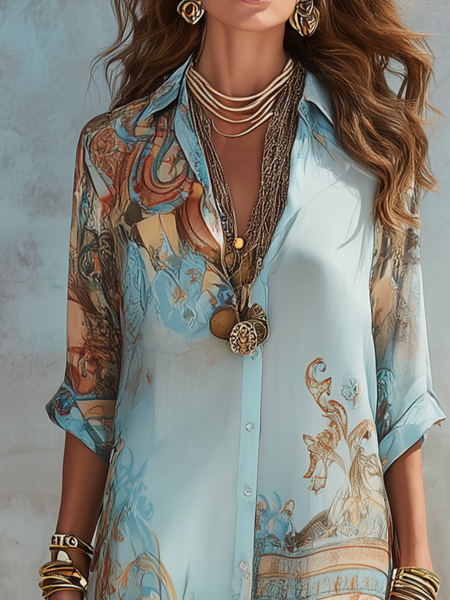 Isabela | Vestido maxi de gasa azul barroco floral