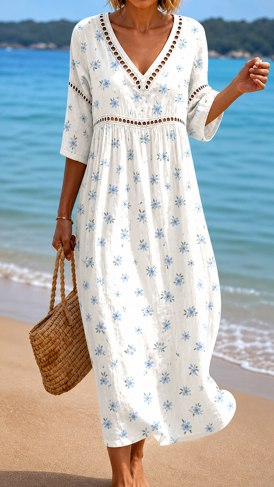 Soft Summer Midi Dress with Small Blue Flowers