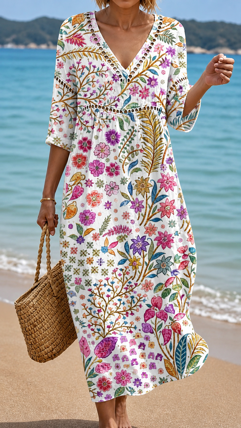 Soft Midi Dress with Elegant Multicolor Floral Pattern