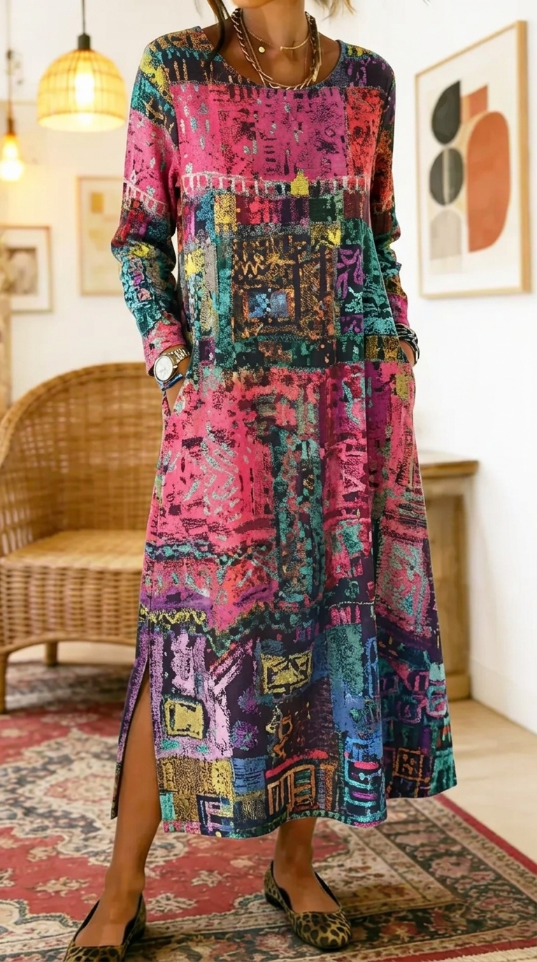 Lucía - Vestido midi de patchwork artístico