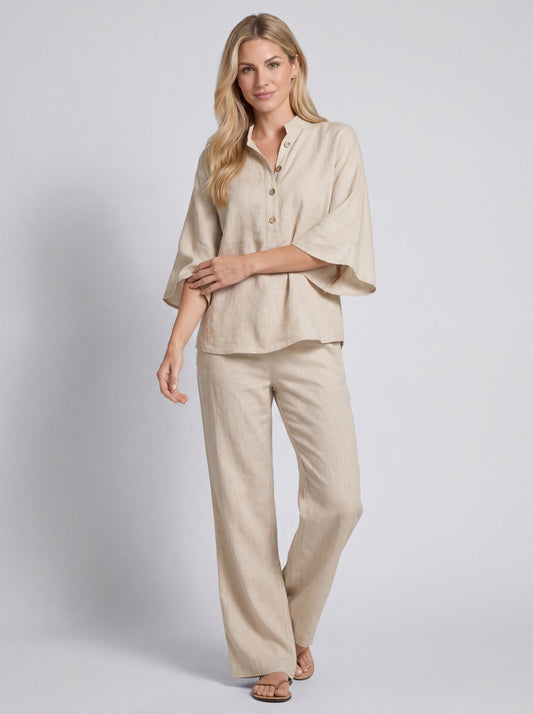 Mariel | Conjunto efecto algodón y lino con mangas murciélago y pantalones anchos